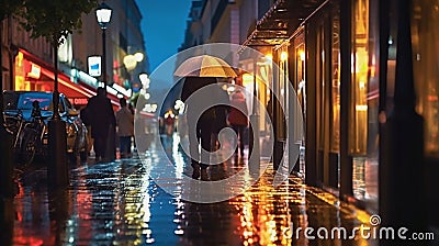 evening rainy city street modern building windows , people silhouette with umbrella Stock Photo