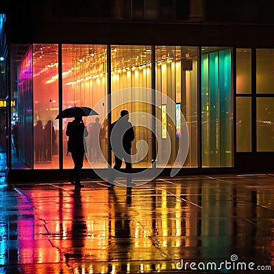 evening rainy city street modern building windows , people silhouette with umbrella Stock Photo