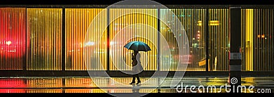 evening rainy city street modern building windows , people silhouette with umbrella Stock Photo