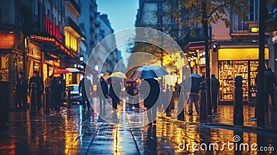 evening rainy city street modern building windows , people silhouette with umbrella Stock Photo