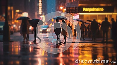 evening rainy city street modern building windows , people silhouette with umbrella Stock Photo