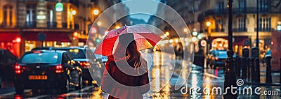evening rainy city street modern building windows , people silhouette with umbrella Stock Photo