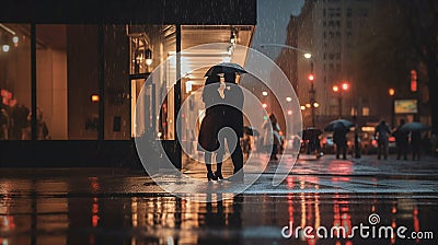 evening rainy city street modern building windows , people silhouette with umbrella Stock Photo