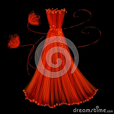 Evening red dress on a black background Cartoon Illustration