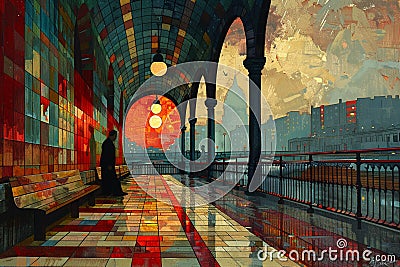 Evening respite on a city bench depicted in an art deco style Stock Photo