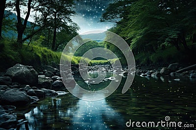 evening river bank with stones generative ai Stock Photo