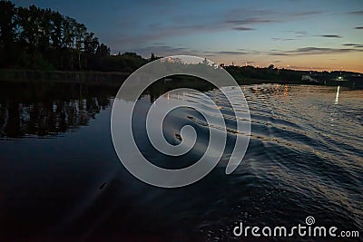 evening river at sunset.view from the boat. Stock Photo