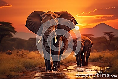 Evening scene elephants crossing Olifant River in Amboseli National Park Stock Photo