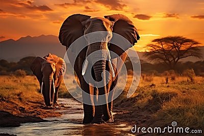 Evening scene elephants crossing Olifant River in Amboseli National Park Stock Photo