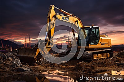 Evening scene excavators tirelessly at work, shaping the landscape Stock Photo