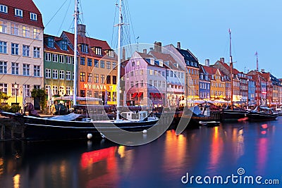 Evening scenery of Nyhavn in Copenhagen, Denmark Editorial Stock Photo