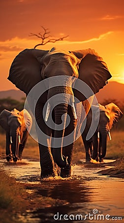 Evening shot in Kruger National Park elephants crossing the Olifant River Stock Photo