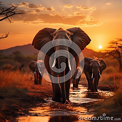 Evening shot in Kruger National Park elephants crossing the Olifant River Stock Photo