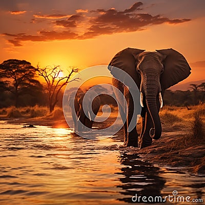 Evening shot in Kruger National Park elephants crossing the Olifant River Stock Photo