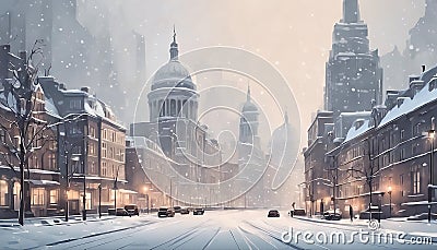 evening snowy city, snow falling, twilight, buildings and cars, passers-by in an urban environment Stock Photo