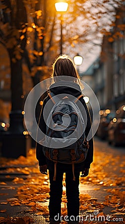 Evening street ambiance, cute primary student with backpack, back view Stock Photo