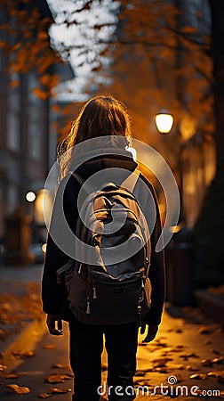 Evening street ambiance, cute primary student with backpack, back view Stock Photo