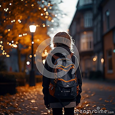 Evening street ambiance, cute primary student with backpack, back view Stock Photo
