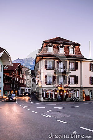 Evening street scene and old buildings of Unterseen in old town Interlaken, Switzerland Editorial Stock Photo