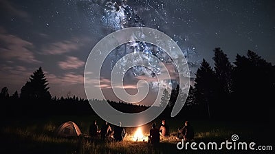 Evening summer camping, spruce forest on background, sky with falling stars and milky way. Group of five friends sitting together Stock Photo