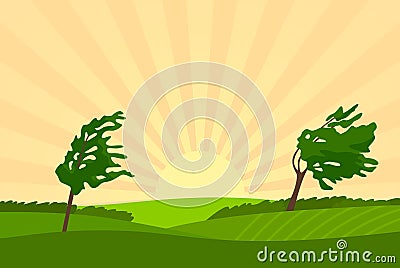 Evening summer rural landscape with trees, fields, starburst and windy weather. vector illustration Vector Illustration