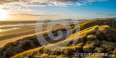 Evening sun over the sand dunes at Harlech Beach, Wales Stock Photo