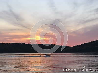 Reflections Still Water Sunset Beaver Lake Wake Surf Stock Photo