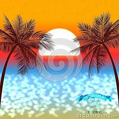 Evening sunset of a sun above a tropical coast Vector Illustration