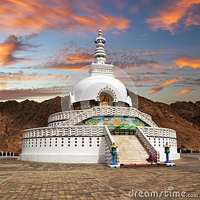 Evening sunset view of Tall Shanti Stupa near Leh Stock Photo