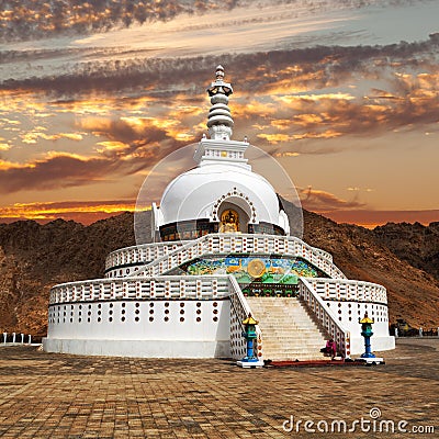 Evening sunset view of Tall Shanti Stupa near Leh Stock Photo