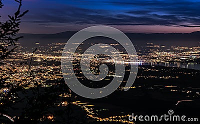 Evening top view of city lights. Stock Photo