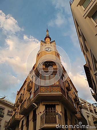 Evening in the town center of Sitges, tower with clock on modernist building Stock Photo