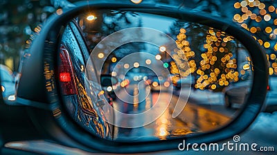 Evening traffic jam cars queuing, headlights reflected in rearview mirror during rush hour Stock Photo