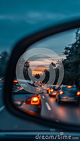 Evening traffic jam rearview mirror shows cars with headlights on, queuing in a line Stock Photo