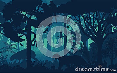 Evening tropical rainforest Jungle background with jaguar, ara macaw parrrot, monkey, owl, toucan and Capybara Vector Illustration