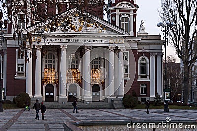 Evening view of the building of the National Theater `Ivan Vazov` before the New Year Editorial Stock Photo