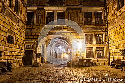 Evening view of Cesky Krumlov chateau courtyard, Czech Republ Stock Photo