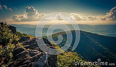 Evening view from cliffs on Hawksbill Summit, in Shenandoah National Park, Virginia. Stock Photo
