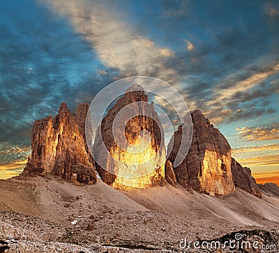 Evening view of Drei Zinnen or Tre Cime di Lavaredo Stock Photo