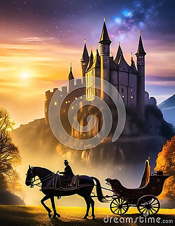 evening view of a fairytale castle with a silhouette of a carriage with a horse Stock Photo