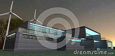 Evening view of a futuristic self-contained country house from an energy point of view. Own wind generators in the backyard. Cartoon Illustration