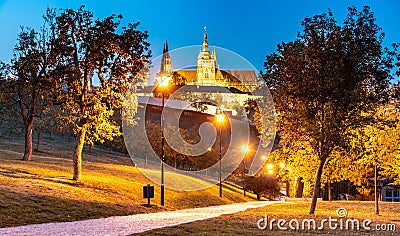 Evening view of illuminated Prague Castle, Prazsky Hrad, from Petrin Gardens, Prague. Czech Republic Stock Photo