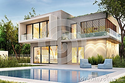 Evening view of a modern home with lighting and a swimming pool Stock Photo