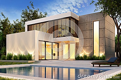 Evening view of a modern house with swimming pool Stock Photo