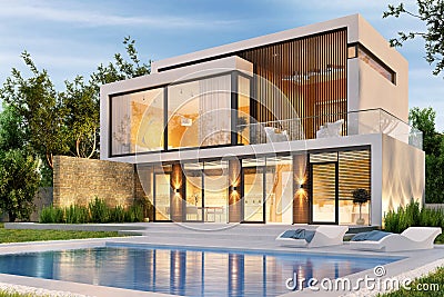 Evening view of a modern large house with swimming pool Stock Photo