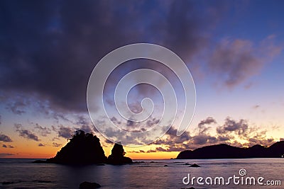 Evening view of Suzume-iwa in Izu, Japan. Stock Photo