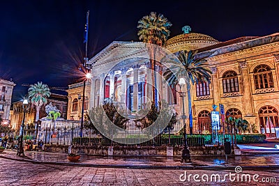 The evening view of Teatro Massimo - Opera and Ballet Theater in Verdi Square Editorial Stock Photo