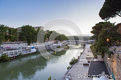 Evening view of Tiber river and Ponte Vittorio Emanuele II Editorial Stock Photo