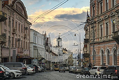 Evening view to the street of Heroes of Maidan in the historic center of in Chernivtsi, Ukraine. December 2021 Editorial Stock Photo