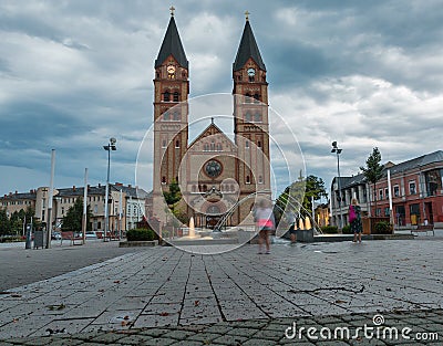 Night view of Roman Catholic church in Nyiregyhaza, Hungary Stock Photo